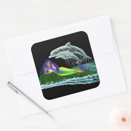 Meerjungfrau mit Delphinen Quadratischer Aufkleber (Umschlag)
