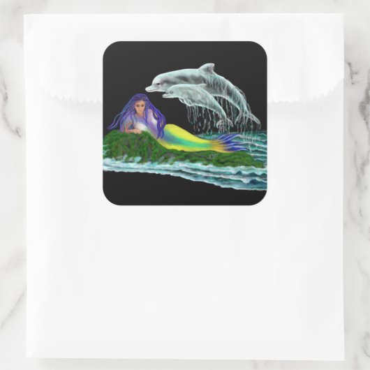 Meerjungfrau mit Delphinen Quadratischer Aufkleber (Tasche)