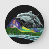 Meerjungfrau mit Delphinen Runde Wanduhr (Vorderseite)