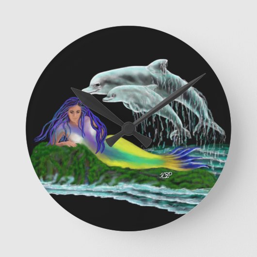 Meerjungfrau mit Delphinen Runde Wanduhr (Vorderseite)