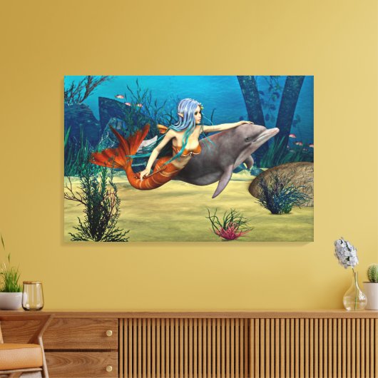 Meerjungfrau mit Dolphin Leinwanddruck (Insitu (Wohnzimmer))