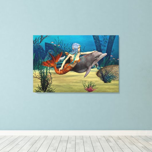 Meerjungfrau mit Dolphin Leinwanddruck (Insitu (Holzboden))