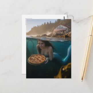Meerjungfrau mit einer Pizza Postkarte