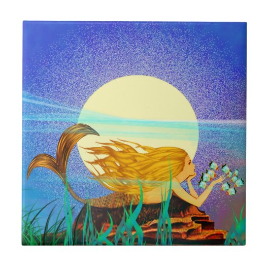 Meerjungfrau mit Fisch und Mond Fliese (Vorderseite)