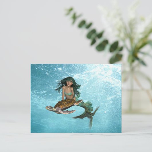 Meerjungfrau mit Meeresschildkröte Postkarte (Stehend Vorderseite)