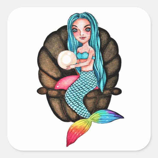 Meerjungfrau mit Perle in Wasserfarbe Quadratischer Aufkleber (Vorderseite)