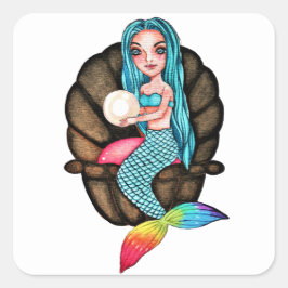 Meerjungfrau mit Perle in Wasserfarbe Quadratischer Aufkleber