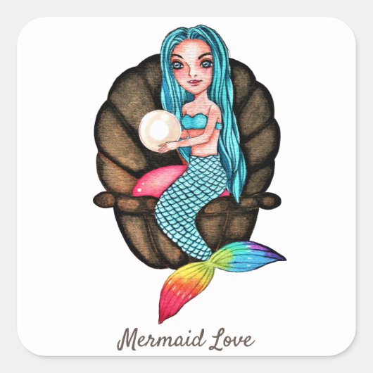 Meerjungfrau mit Perle in Wasserfarbe Quadratischer Aufkleber (Vorderseite)