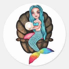 Meerjungfrau mit Perle in Wasserfarbe Runder Aufkleber