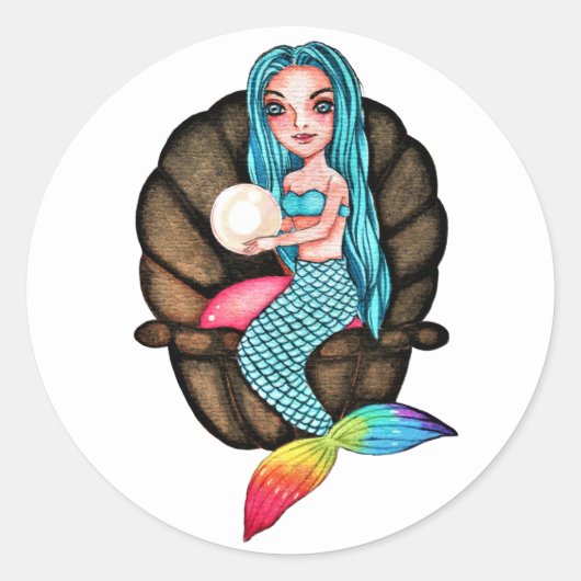 Meerjungfrau mit Perle in Wasserfarbe Runder Aufkleber (Vorderseite)
