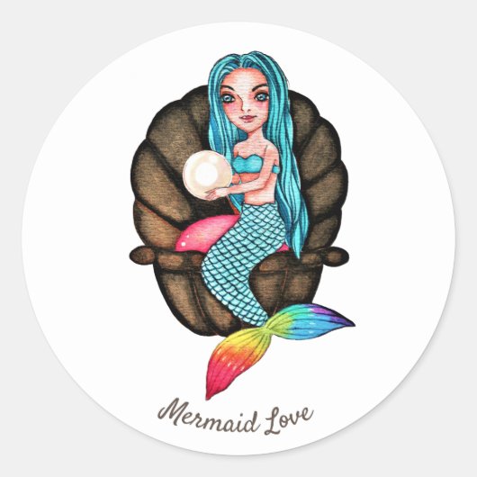 Meerjungfrau mit Perle in Wasserfarbe Runder Aufkleber (Vorderseite)