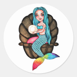 Meerjungfrau mit Perle in Wasserfarbe Runder Aufkleber