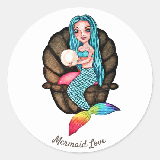 Meerjungfrau mit Perle in Wasserfarbe Runder Aufkleber (Vorderseite)