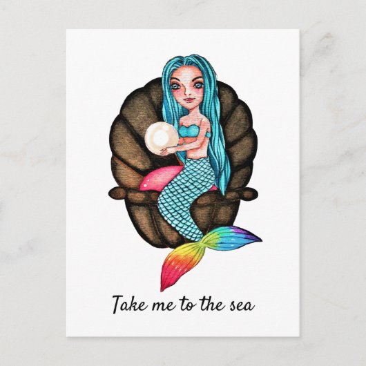 Meerjungfrau mit Perle Wasserfarbe Kunst Postkarte (Vorderseite)