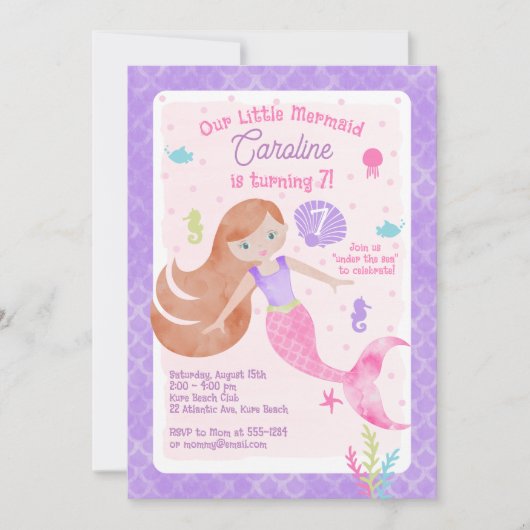 Meerjungfrau mit Rotem Haar Pink und Lila Geburtst Einladung (Vorderseite)