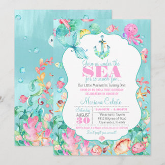 Meerjungfrau Nautic erster Geburtstag Einladung