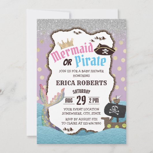 Meerjungfrau oder Pirate Lila & Gold Dots Kinderdu Einladung (Vorderseite)