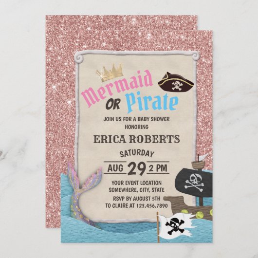 Meerjungfrau oder Pirate Rose Gold Glitzer Kinderd Einladung (Vorne/Hinten)