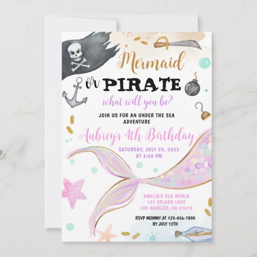 Meerjungfrau oder Piratengeburt unter dem Party Einladung (Vorderseite)