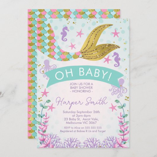 Meerjungfrau oder unter der Meeresdusche Einladung (Vorne/Hinten)