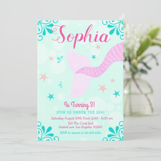 Meerjungfrau oder unter Wasser Aquamariner Schrott Einladung (Stehend Vorderseite)