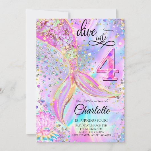 Meerjungfrau Pink Lila Geburtstag Tauchen in Vier Einladung (Vorderseite)