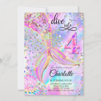 Meerjungfrau Pink Lila Geburtstag Tauchen in Vier Einladung
