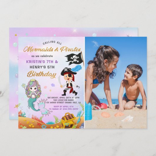 Meerjungfrau & Pirate unter dem Meeresgrund Geburt Einladung (Vorne/Hinten)