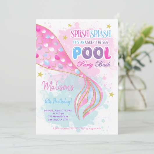 Meerjungfrau & Pool Kinder Einladung (Stehend Vorderseite)