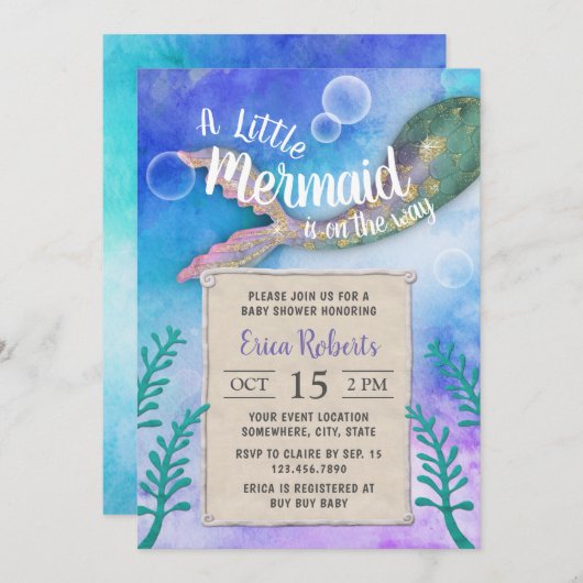 Meerjungfrau Princess Babydusche Einladung (Vorne/Hinten)