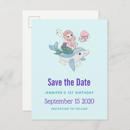 Meerjungfrau Reiten einer Dolphin Fantasie Save th Einladungspostkarte (Vorne/Hinten)