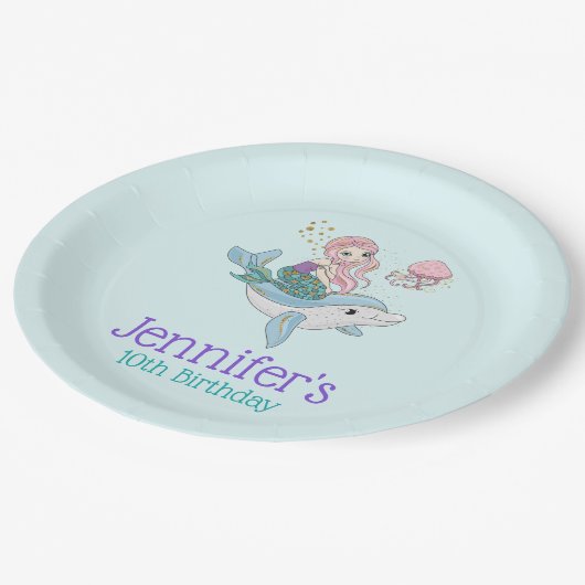 Meerjungfrau Reiten einer Dolphin Unterhalb des Me Pappteller (Schrägansicht)