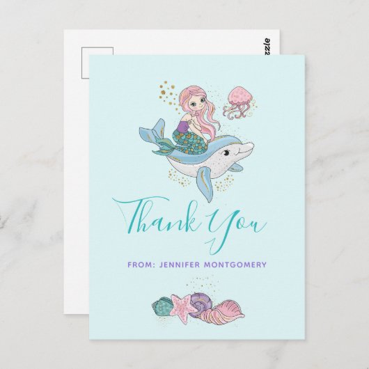 Meerjungfrau Riding a Dolphin Under Sea Vielen Dan Postkarte (Vorne/Hinten)