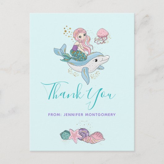 Meerjungfrau Riding a Dolphin Under Sea Vielen Dan Postkarte (Vorderseite)
