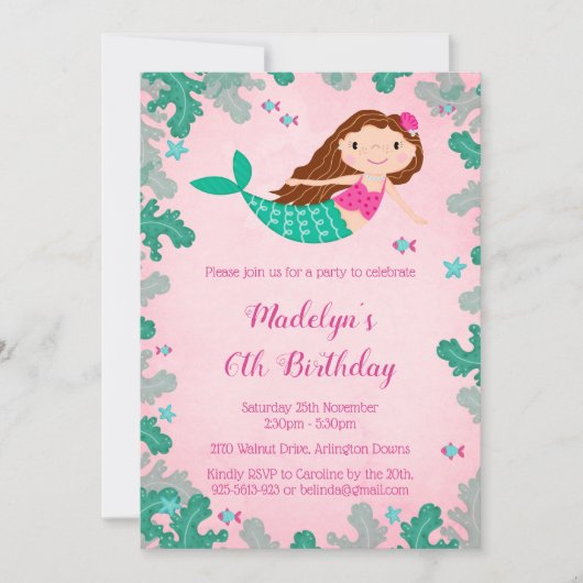 Meerjungfrau Rosa unter dem Meer Einladungen (Vorderseite)