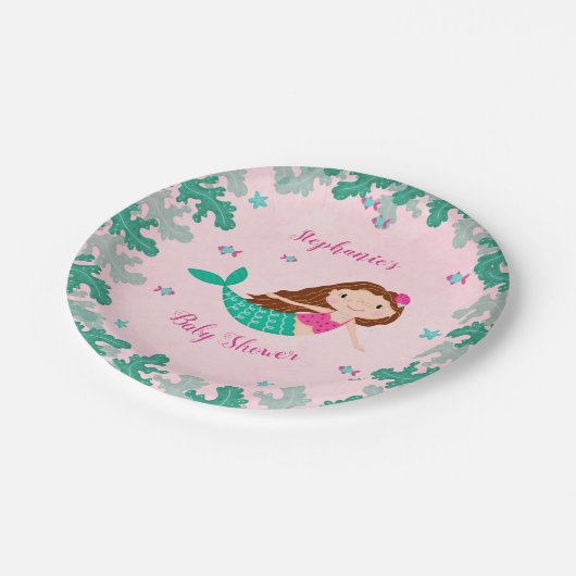 Meerjungfrau Rosa unter der Meerwasserdusche Pappteller (Schrägansicht)