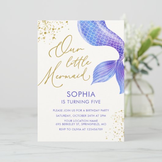 Meerjungfrau Schwanz Gold Glitzer Geburtstag Einladung (Stehend Vorderseite)