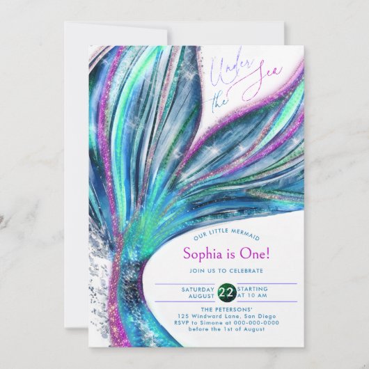 Meerjungfrau Schwanz Iridescent Glitzer Sea 1. Geb Einladung (Vorderseite)