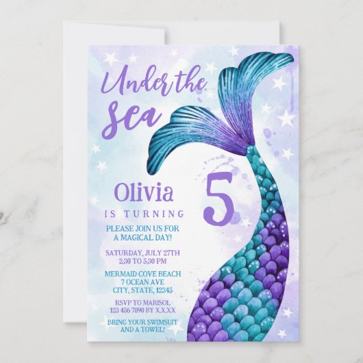 Meerjungfrau-Schwanz Lila + Aquamarine Wasserfarbe Einladung (Vorderseite)