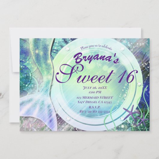 Meerjungfrau Schwanz Magie unter Wasser Süß 16 Lic Einladung (Vorderseite)