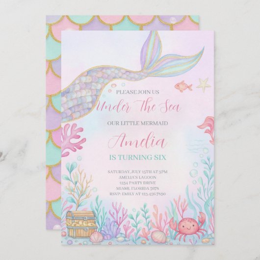 Meerjungfrau Schwanz unter dem Meer Einladung (Vorne/Hinten)