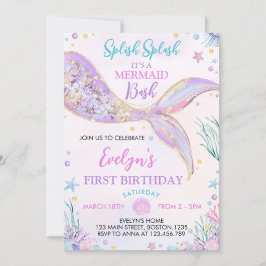 Meerjungfrau-Schwanz unter der Meeresfrau Geburtst Einladung (Vorderseite)