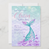 Meerjungfrau Schwanz unter Meer Lila Geburtstag Einladung (Vorderseite)