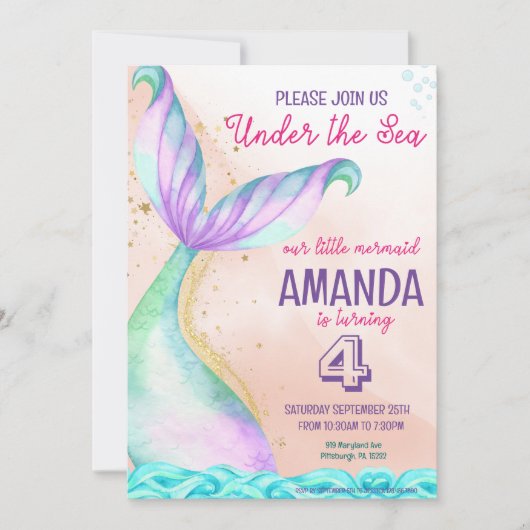 Meerjungfrau Schwanz Wasserfarbe Geburtstag unter  Einladung (Vorderseite)