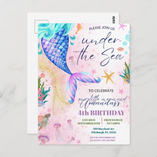 Meerjungfrau Schwanz Wasserfarbe Geburtstag unter Postkarte (Vorne/Hinten)