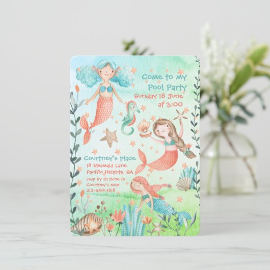 Meerjungfrau Schwimmbad Party Einladung (Stehend Vorderseite)