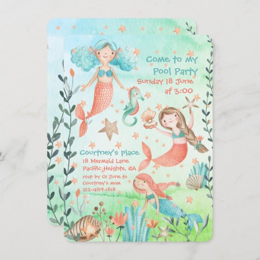 Meerjungfrau Schwimmbad Party Einladung (Vorne/Hinten)