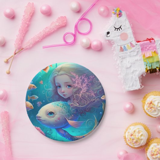 Meerjungfrau schwimmen mit Fisch niedliche Wanduhr Pappteller (Party)