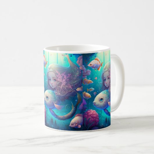 Meerjungfrau schwimmen mit Fischen Kaffeetasse (VorderseiteRechts)