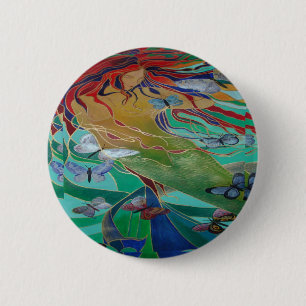 Meerjungfrau Schwimmen mit Schmetterlingen Fantasy Button